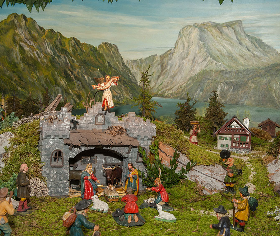 Krippe Salzkammergut Winter Brauchtum Herbergssuche Christkind Jesuskind Landschaftskrippe